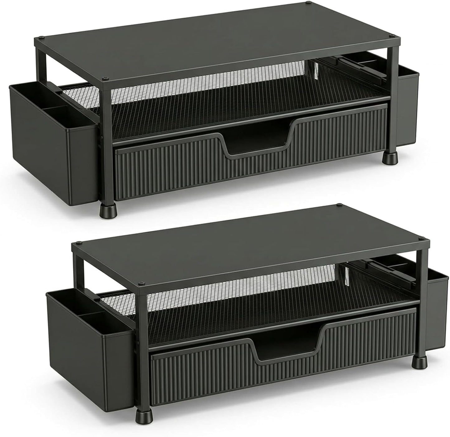 ECOLOVI Desk Organizer and Accessories, 2-Tier Computer Monitor Stand Rise with Storage Drawer & 2 Pen Holders, Laptop & Printer Stand for Desktop, Workspace Organizers for Office Supplies (Brown)