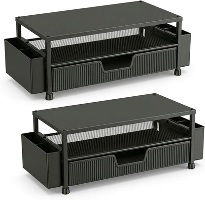 ECOLOVI Desk Organizer and Accessories, 2-Tier Computer Monitor Stand Rise with Storage Drawer & 2 Pen Holders, Laptop & Printer Stand for Desktop, Workspace Organizers for Office Supplies (Brown)