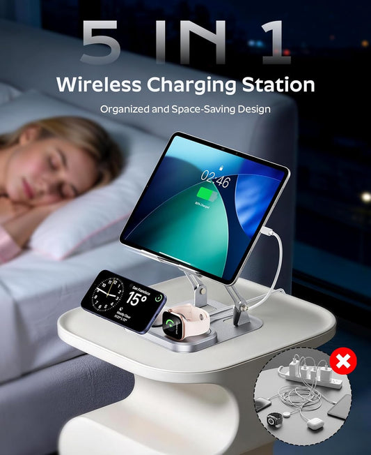 Meifigno 65W 5 in 1 Charging Station for Apple Multiple Devices, with 30W Fast Wired Charging Stand for iPad/Tab, Foldable Wireless Charger Design for Magsafe Charger for iPhone 17 16 /iWatch/AirPods