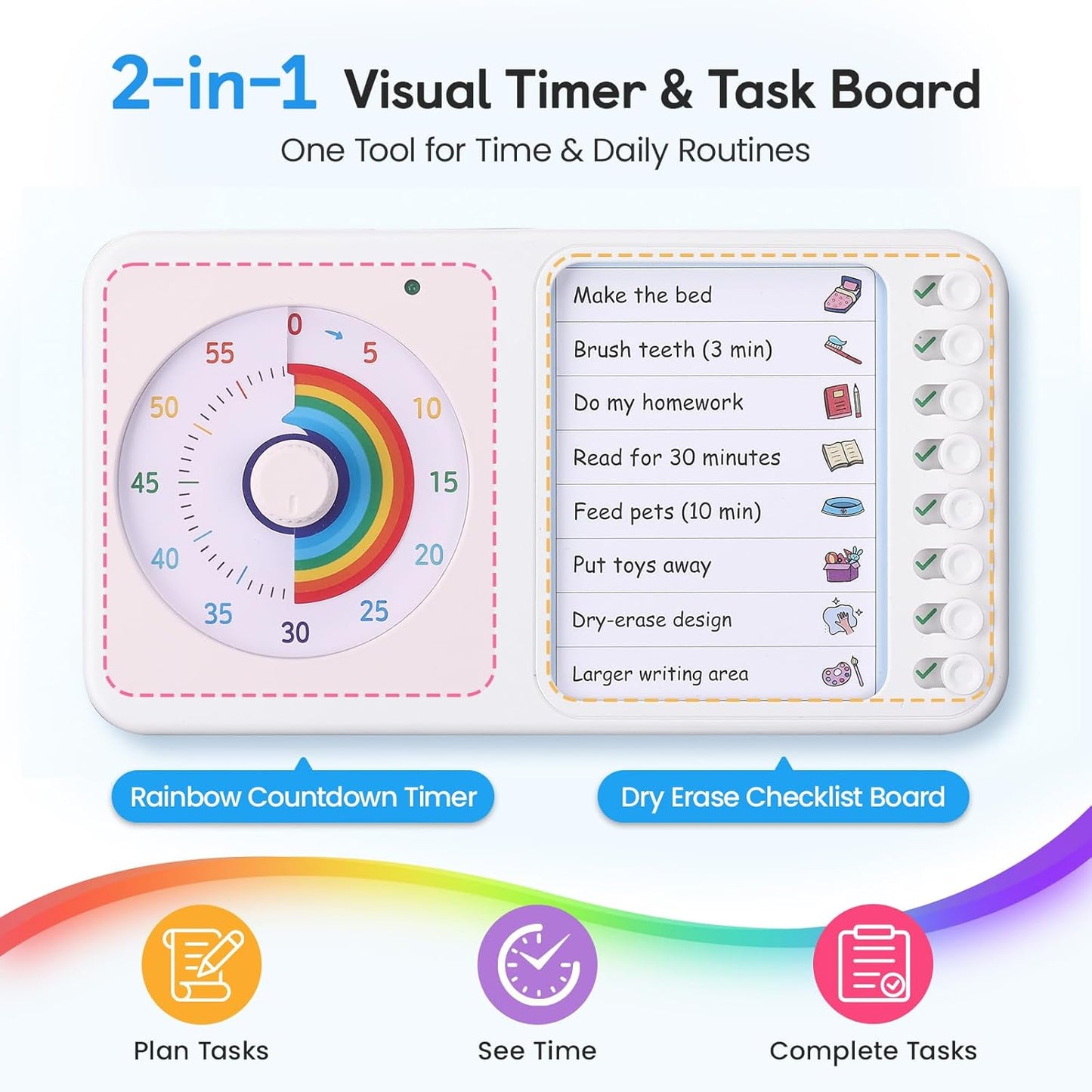 2-in-1 Visual Timer with Task Board for ADHD & Autism, Dry Erase Chore Chart and Visual Schedule for Kids & Adults, Rainbow Countdown Timer for Classroom, Home, Homeschool (White)