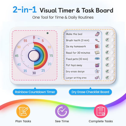 2-in-1 Visual Timer with Task Board for ADHD & Autism, Dry Erase Chore Chart and Visual Schedule for Kids & Adults, Rainbow Countdown Timer for Classroom, Home, Homeschool (White)