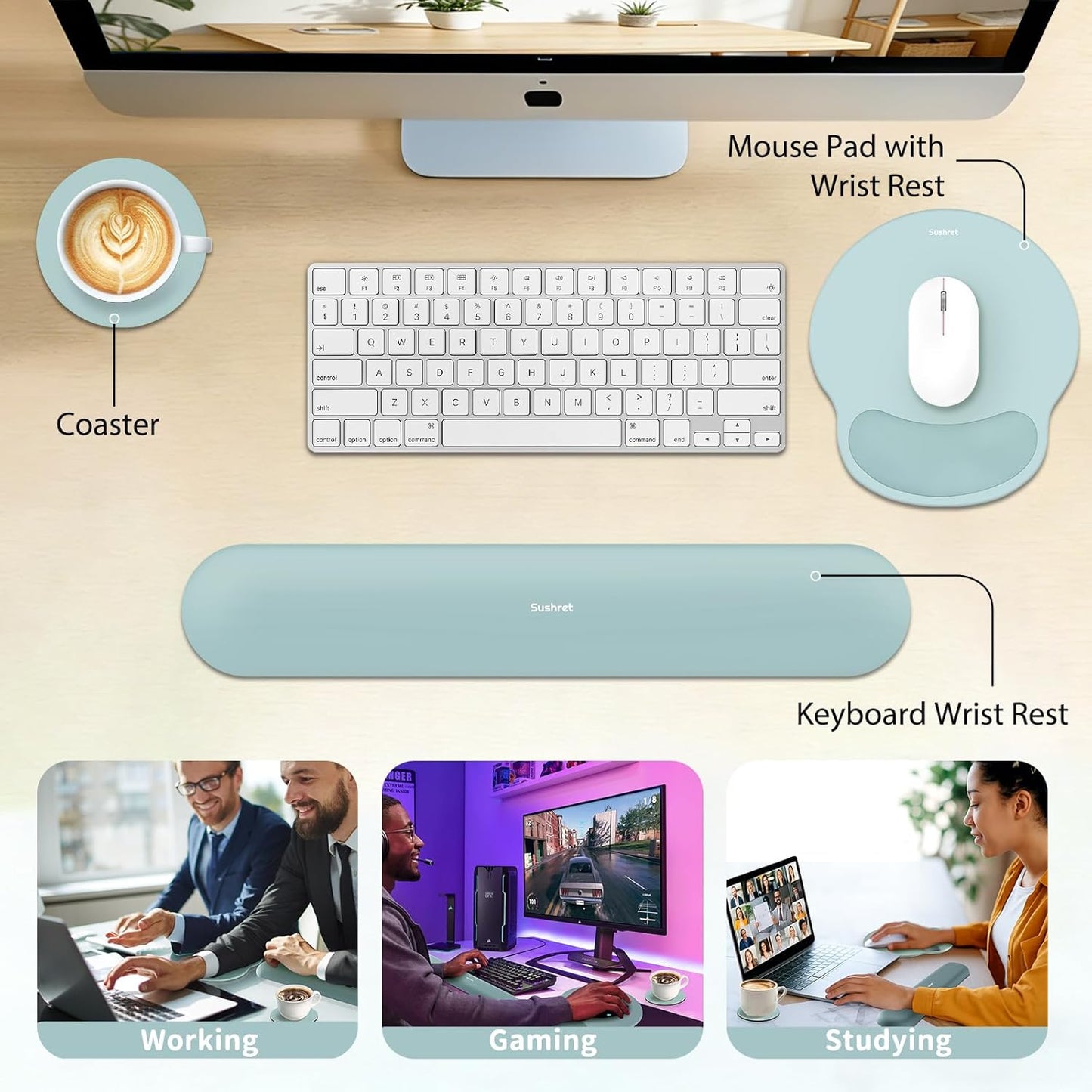 Sushret Mouse Pad and Keyboard Wrist Rest, 3-in-1 Gel Memory Foam Ergonomic Mouse Pad with Wrist Rest Set,Gaming Mousepad Arm Cushion Support for Computer Office Desk Accessories Cute Setup,Sage Green