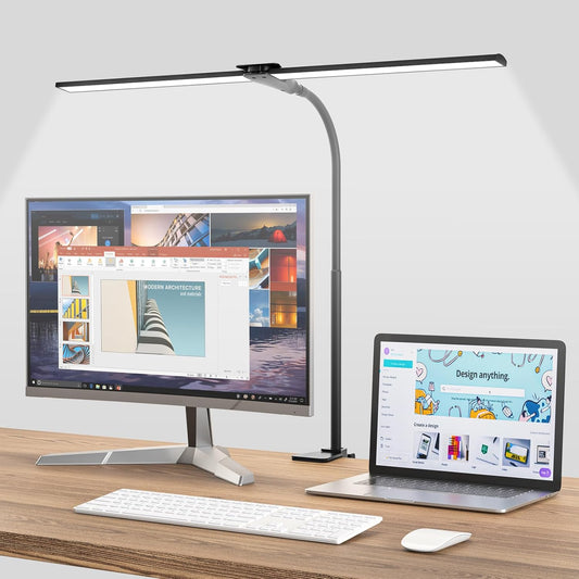 Hensam 31.5 Inch LED Desk Lamp, Double Head Desk Light with Clamp for Home Office, 5 Color Temperatures, Dimmable Task Lighting for Workbench Monitor Study, White