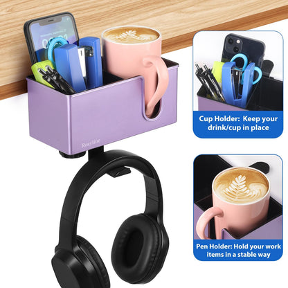 Rosyline 3-in-1 Desk Cup Holder & Clip-on Cup Holder, Clip on Desk Organizer – with Anti-Spill Function, Keeps Your Coffee, Headset, Phone & Pens Within Easy Reach, for Office Desk (Black)