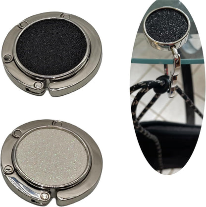 4 Pack Foldable Purse Hook for Table, Folding Women's Handbag Hangers Hooks for Desk, Bling Table Bag Holder for Women Bag Mixed Color(1 Black & 1 White & 1 Gold & 1 Pink)