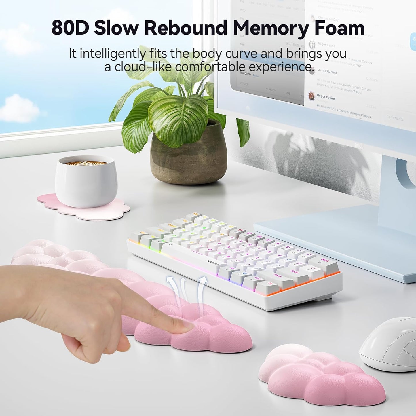 TECKNET Cloud Keyboard Wrist Rest Set, Cloud Wrist Rest with Non-Slip Base, PU Leather Wrist Pad for Keyboard with Ergonomic Memory Foam for Computer Laptop Office Gaming and Pain Relief, White