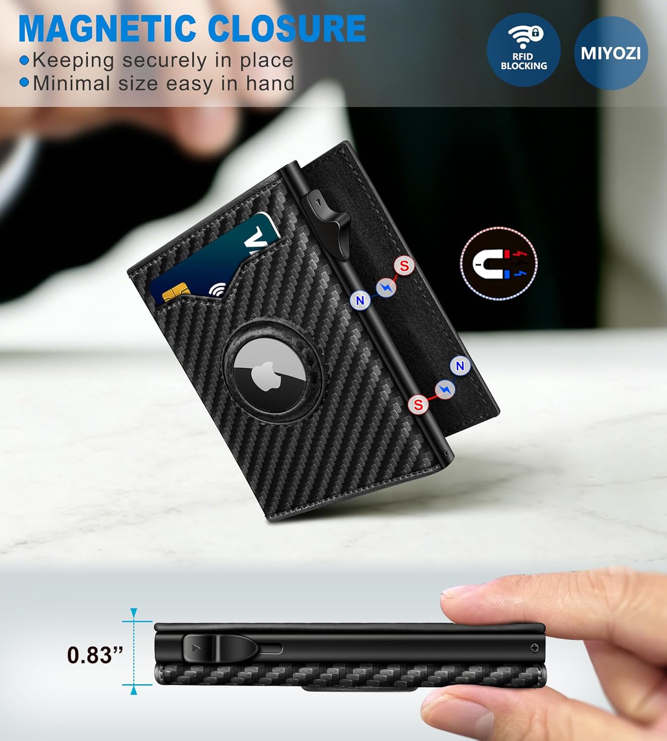 miyozi Airtag Wallet for Men,with Cash Pocket 2 ID Window 9-12 Cards,Metal Case Smart Slim Pop Up Credit Card Holder Flip with Magnetic Closure RFID Blocking Trifold wallet with Gift Box