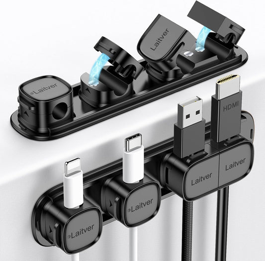 6 Pack Magnetic Cable Clips [1s Open/Lock], Laitver Cord Organizer Holder Strong Adhesive Desk Cable Management- Organize Charging Cords Neatly for Home, Office, Car,Desk, Nightstand