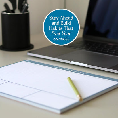 Habit Tracker Hero Desk Pad by Clear Mind Concepts® – 24 Monthly Undated Tear-Off Sheets - 160gsm Thick Paper - Includes Daily & Weekly Sections - A4 Size (Grey Blue, A4 Landscape)
