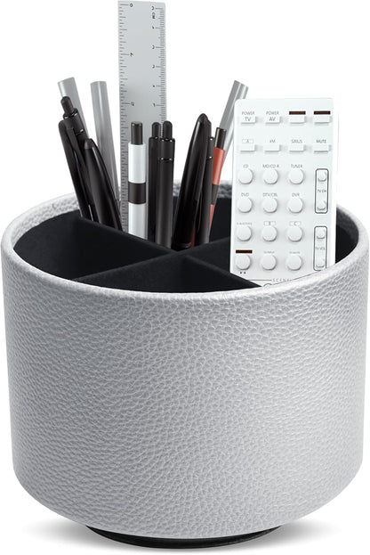 Round Leather Art Supply Organizer,Remote Control Holder,360 Degree Rotating,Multi-Functional Pencil Holder,4 Compartments Desktop Stationary Organizer(1-Fractal Flower) | Round - Colors A