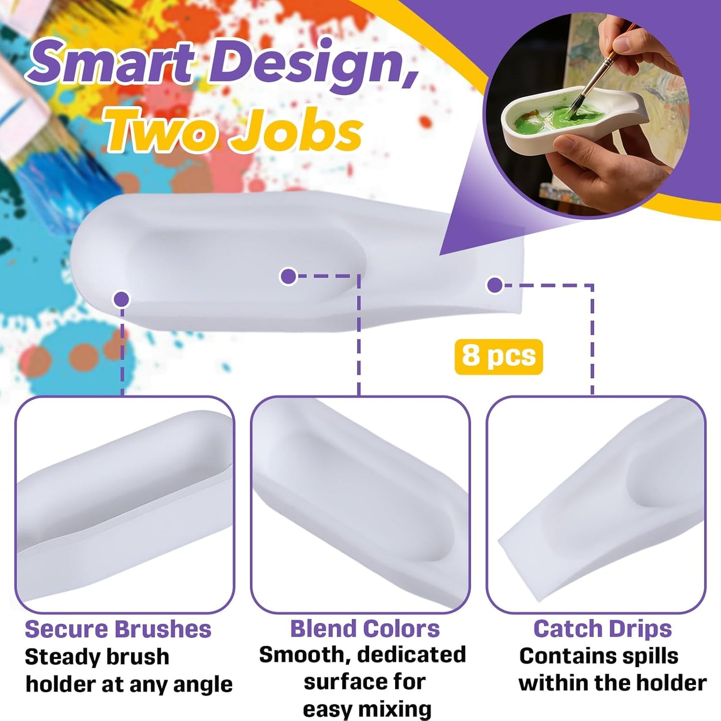 8-Pack White Paint Rest Holder, Silicone Brush Holder with Mixing Tray, Non-Slip Groove Design for Paint Brushes, Artist Watercolor Brush Organizer