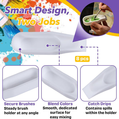 8-Pack White Paint Rest Holder, Silicone Brush Holder with Mixing Tray, Non-Slip Groove Design for Paint Brushes, Artist Watercolor Brush Organizer