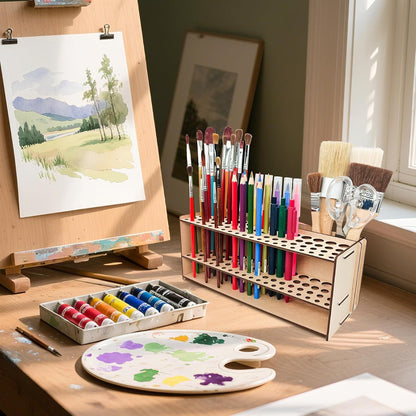 Wooden Paint Brush Holder with Wood Glue 69 Holes MDF Paintbrush Holder Organizer Artist Brush Holder Paint Brush Stand Rack for Artist Brushes Pens Pencils