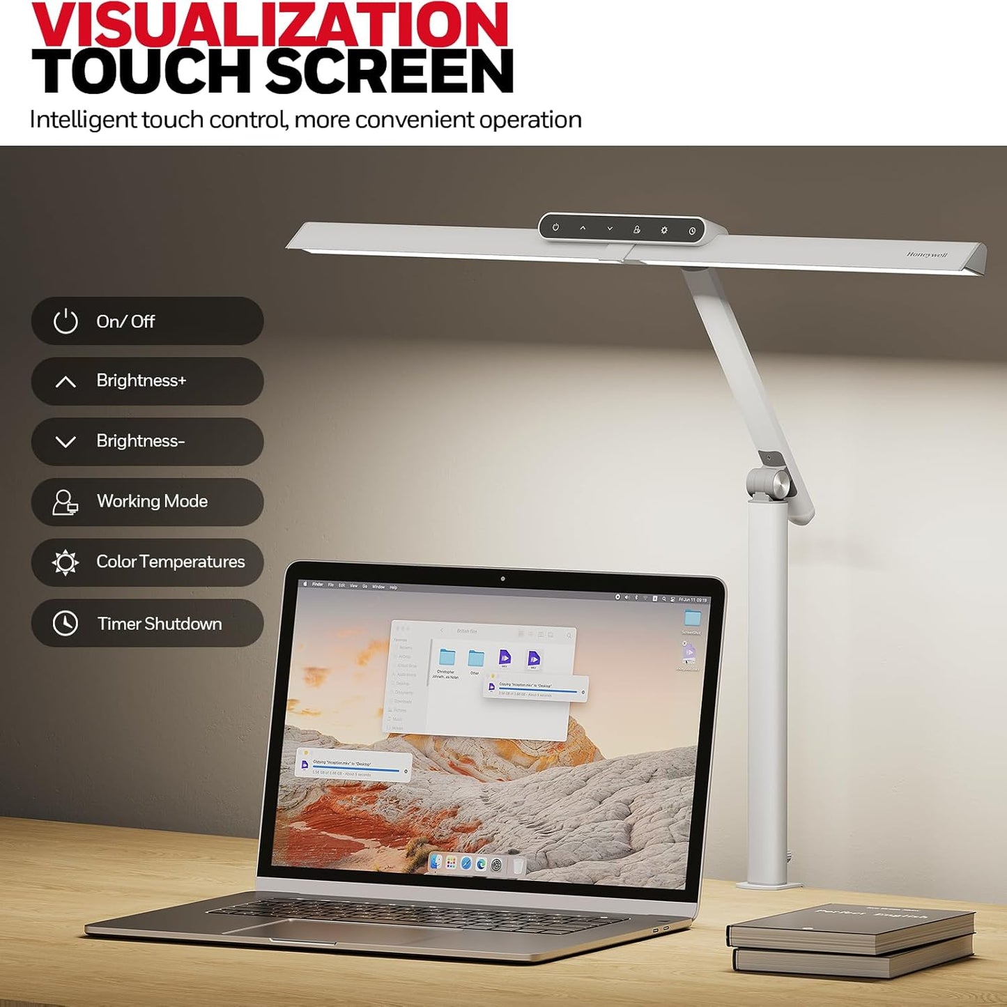 Honeywell LED Desk Lamp with Clamp - HJ1 Sunturalux Eye-Caring Clip on Lights for Home Office, 1200LM Clamp Lamp 4 Color Modes Stepless Dimming Task Desk Light for Working Black