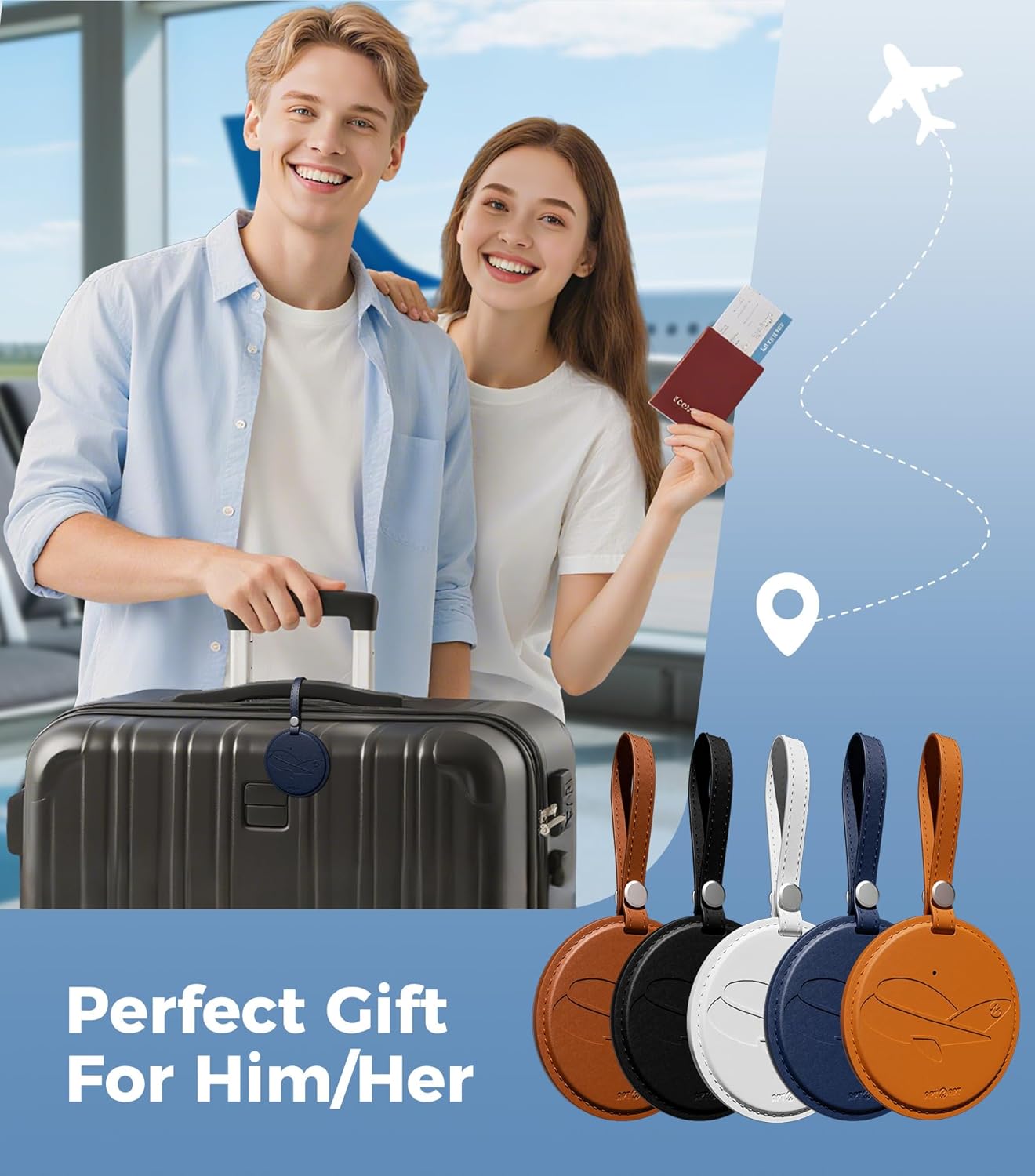 Smart Luggage Tag Works with Apple Find My, Premium Leather Suitcase Tracker with 2 ID Labels, TSA-Friendly, Anti-Lost Travel Essentials for Bags Backpacks, Wireless Charging, Black