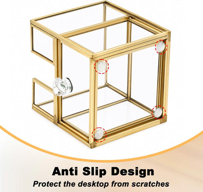 BTSKY Golden Glass Sticky Note Holder for 3x3 Inch Sticky Notes, Elegant Post It Note Dispenser with Non-Slip Pads Clear Notepad Holder for Desk Organization Planning, Home Office Decor