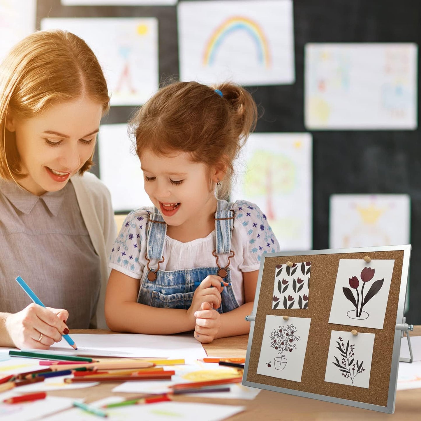 Desktop Cork Board, Double Sided Bulletin Board Message Board with 15 PCS Push Pins, Decorative Pin Board Perfect for Home School Office Decor