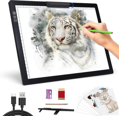 Rechargeable A4 Light Pad - Stepless Dimmable 6 Levels Brightness Tracing Light Box, Diamond Painting Light Board with Top Clip, Battery Powered Portable Light Pad for Weeding Vinyl Tracing