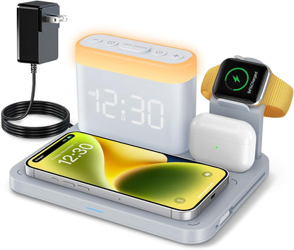 ANJANK Wireless Charging Station,5 in 1 Multiple Charger Stand with Alarm Clock,7 Night Light,Magnetic Charging Dock for iPhone 17 16 15 14 13 12 Pro Max Plus,Apple Watch 11/10/9/8,for Airpods,Bedroom