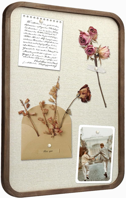 Linen Bulletin Board, Pin Board for Walls, Fabric Bulletin Board, 13"x17"Small Pin Board for Home Kitchen Office Decorative, Brown Wood Frame Cork Board(BN-3343)
