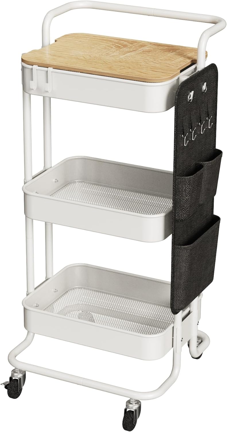 DTK 3 Tier Metal Utility Rolling Cart with Table Top and Side Bags, Tray Storage Organizer Wheels, Art Craft 4 Hooks for Kitchen Bathroom Office Living Room (Black)