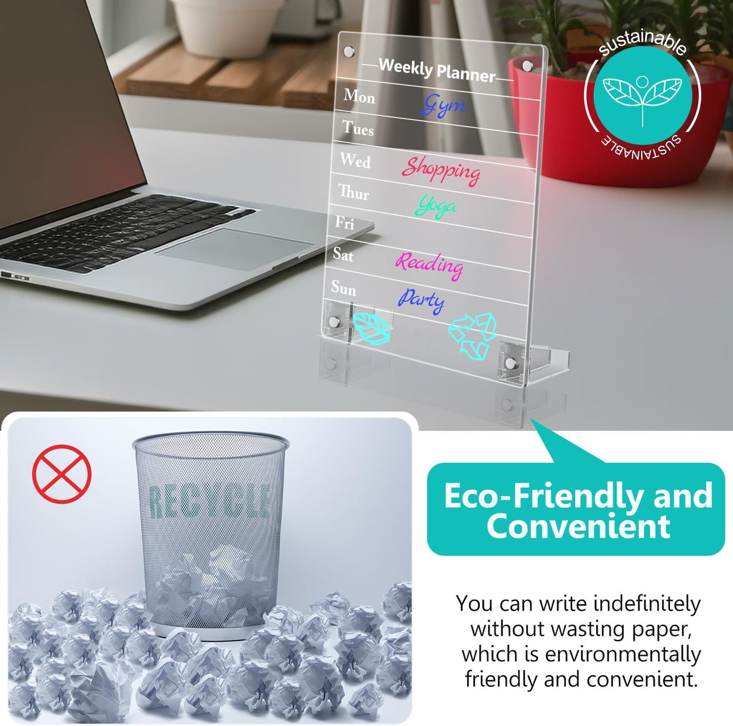 2PCS Clear Acrylic Weekly Dry Erase Board Desktop, 8x6 Small Magnetic Whiteboard with Stand for Table Calendar Memo Board for Fridge, Office, School, Home