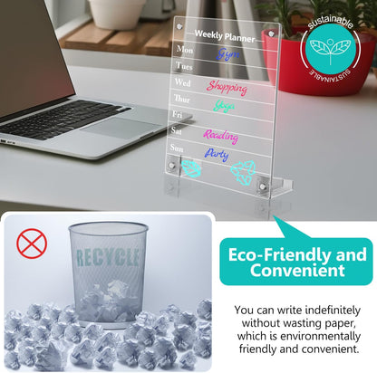 2PCS Clear Acrylic Weekly Dry Erase Board Desktop, 8x6 Small Magnetic Whiteboard with Stand for Table Calendar Memo Board for Fridge, Office, School, Home