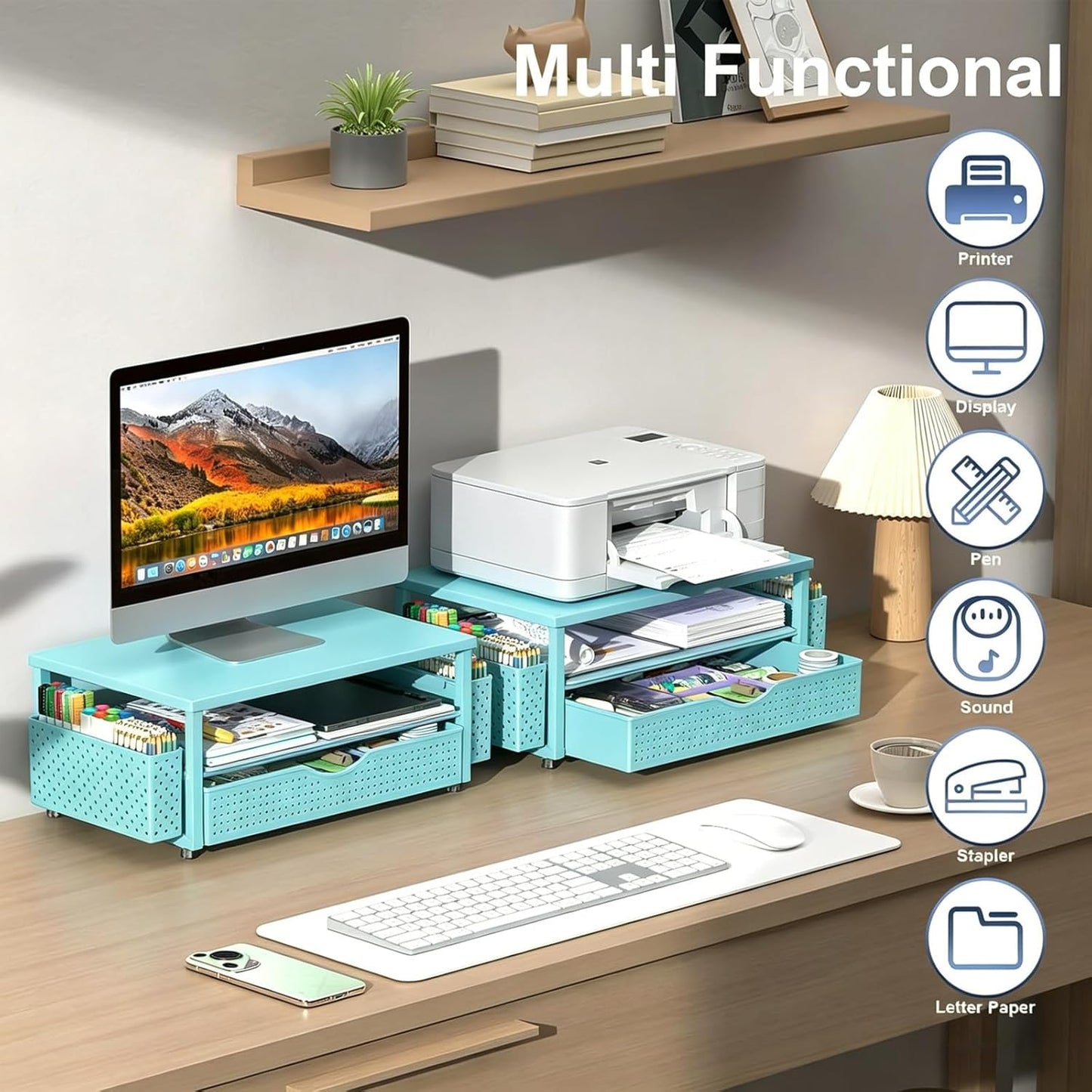 Spacrea Desk Organizer and Accessories, Computer Monitor Stand Riser with Drawer and 2 Pen Holders, Office Desk Accessories & Workspace Organizers for Office Supplies (Wood)