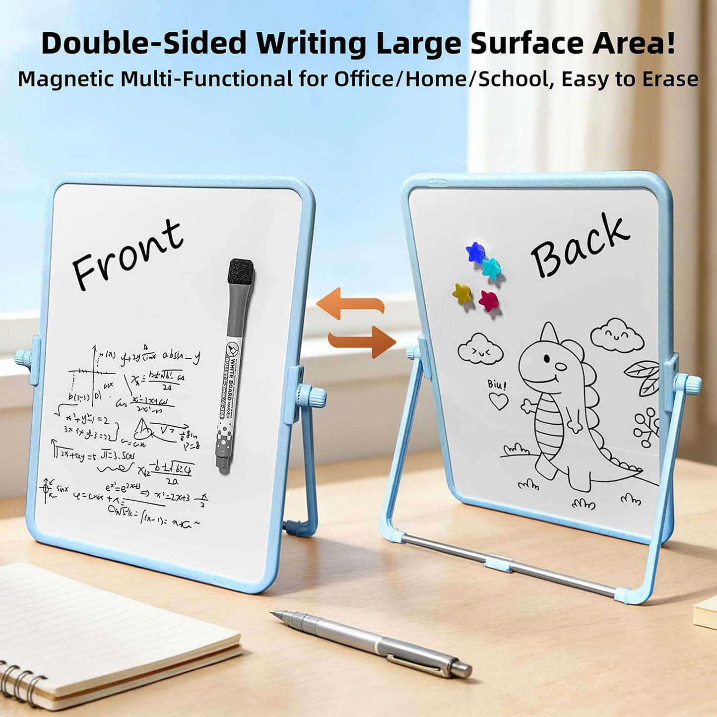 Colorful Dry Erase White Board 8.3x11in, Magnetic Desktop Board with Stand, 2 Markers (Eraser Head), 4 Magnets - Double-Sided Easel for Daily Planning, Memo, Office/Home/School (Blue)