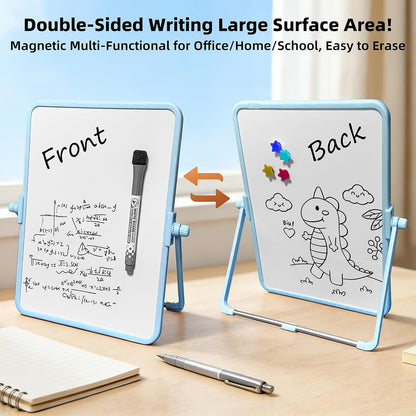 Colorful Dry Erase White Board 8.3x11in, Magnetic Desktop Board with Stand, 2 Markers (Eraser Head), 4 Magnets - Double-Sided Easel for Daily Planning, Memo, Office/Home/School (Blue)