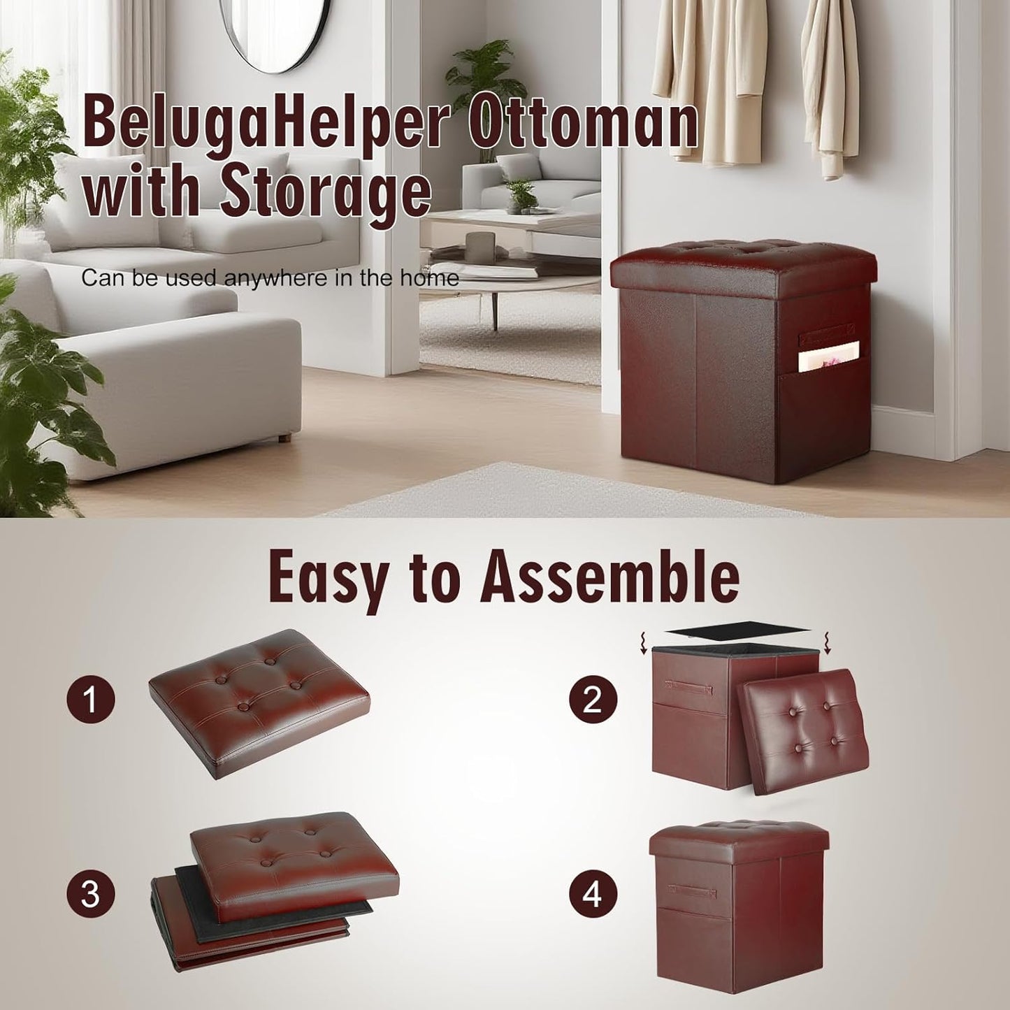 BelugaHelper Storage Ottoman Foot Rest Stool, Foldable Leather Footstool Storage Bench with Thicker Foam Padded Seat. Foot Rest Under Desk for Living Room Bedroom 350 lbs, 17x13x13 in, Brown