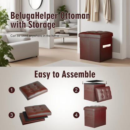 BelugaHelper Storage Ottoman Foot Rest Stool, Foldable Leather Footstool Storage Bench with Thicker Foam Padded Seat. Foot Rest Under Desk for Living Room Bedroom 350 lbs, 17x13x13 in, Brown