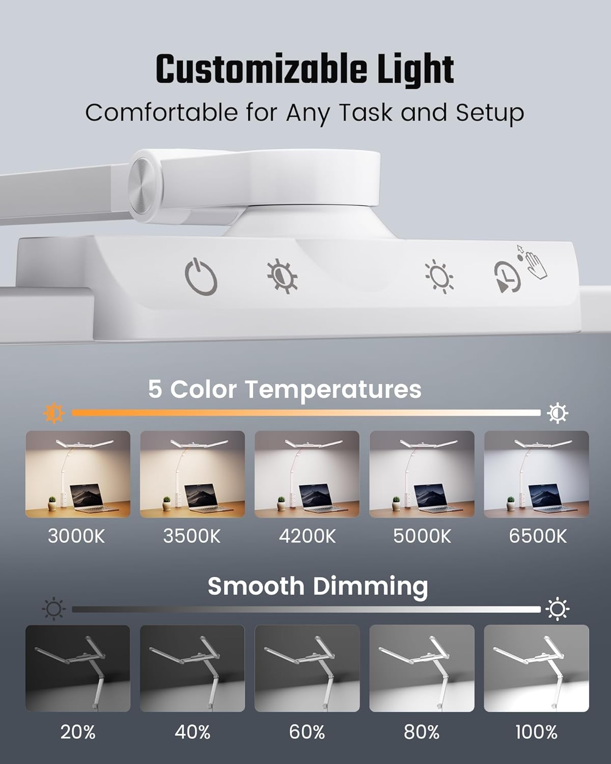 SUPERDANNY Eye-Caring LED Desk Lamp 360° Flexible Gooseneck Work Lamp with Desk Side Clamp Touch Control 3 Light Colors Smooth Dimming Task Lighting Reading Light for Home Office College Dorm, Black