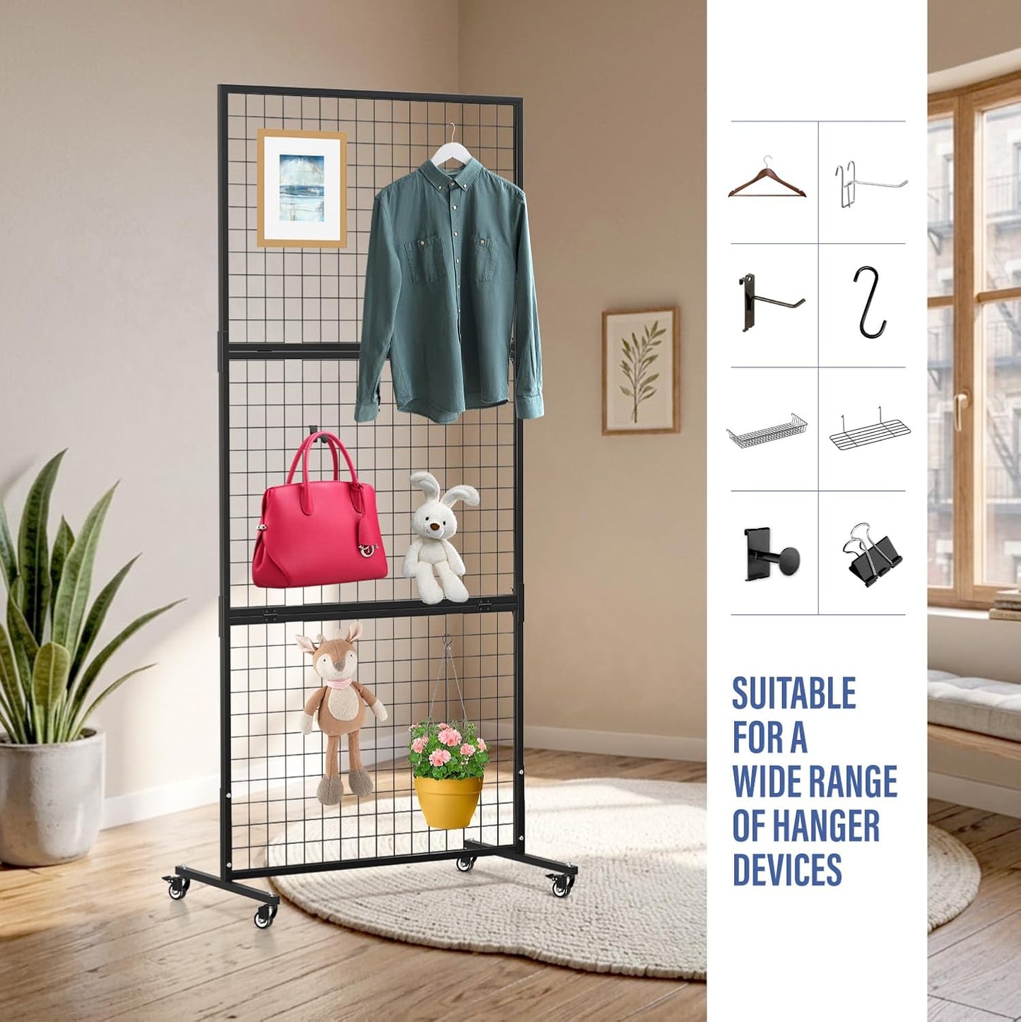 1 Pack Heavy Duty 3' x 6' Gridwall Panels Standing Wire Grid, Study Display Rack with T-Base Wheels, Suitable for Craft Merchandise Display Item Storage (Black)