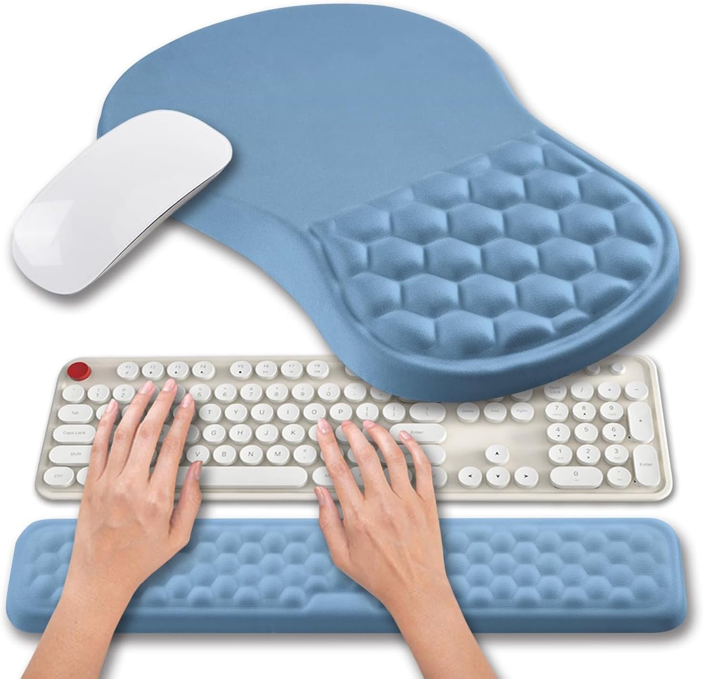 Hokafenle 2 in 1 Ergonomic Mouse Pad Wrist Support & Wrist Rest for Computer Keyboard Set, with Relieve Carpal Tunnel Pain Massage Bulge and Full Memory Gel Design (2In1 Set, Black)