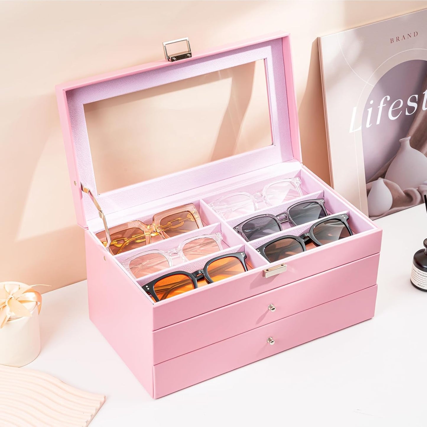 ProCase 3-layer Sunglasses Storage Organizer, 18 Slots Leather Sunglass Box Multiple Pairs Eyeglass Cases Eye Glass Eyewear Display Holder for Men Women, Valentine's Day Gift -Black