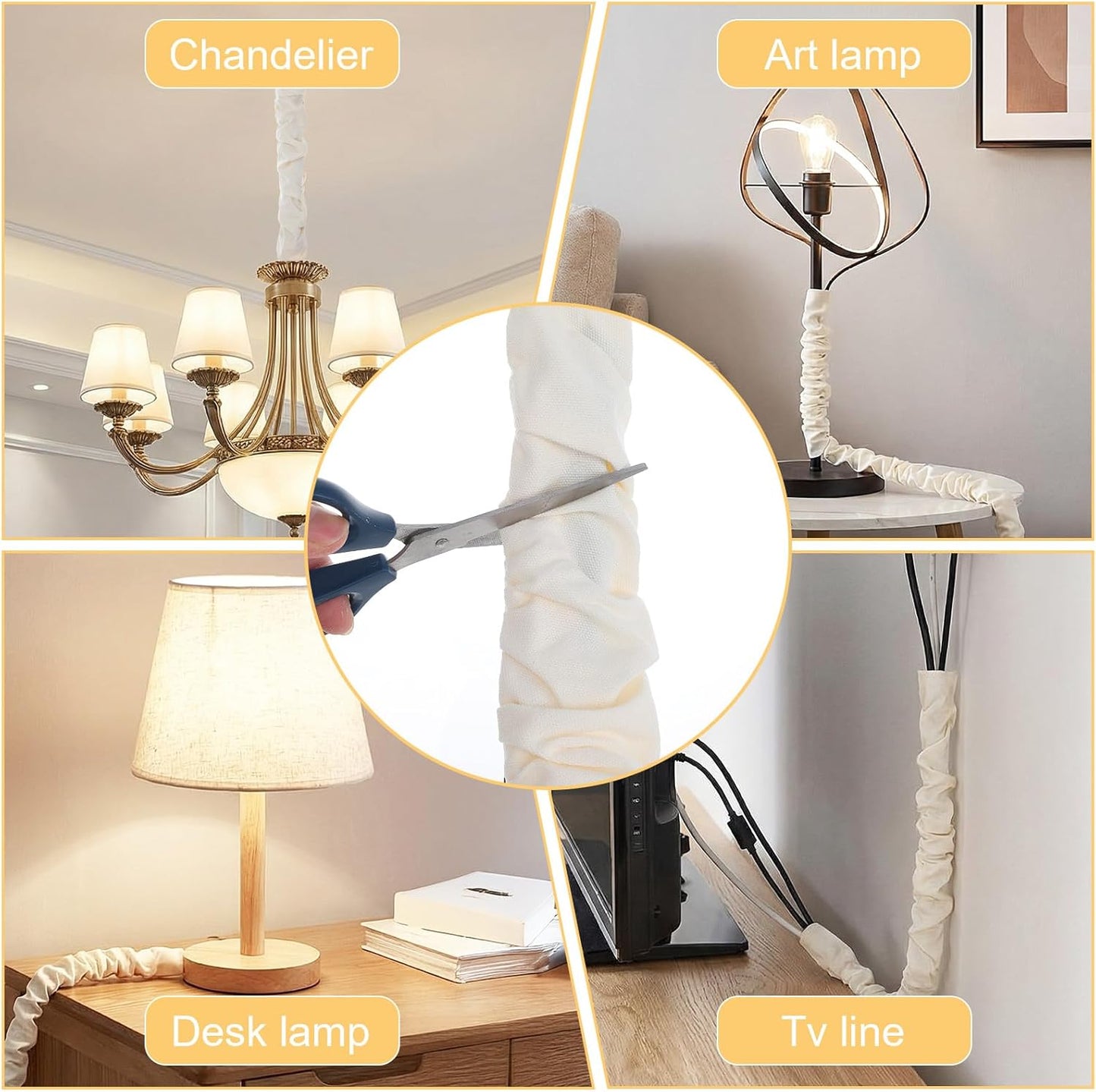 2 Pcs Fabric Cord Cover, 6 Feet Chandelier Chain Cover for Lighting Wires and Lamps, Easy Install Cable Management Solution, Beige