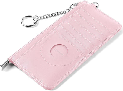 RFID Blocking Slim Credit Card Holder Wallet with Zipper Money Pocket & Keychain, Slim Airtag Wallet for Men Women