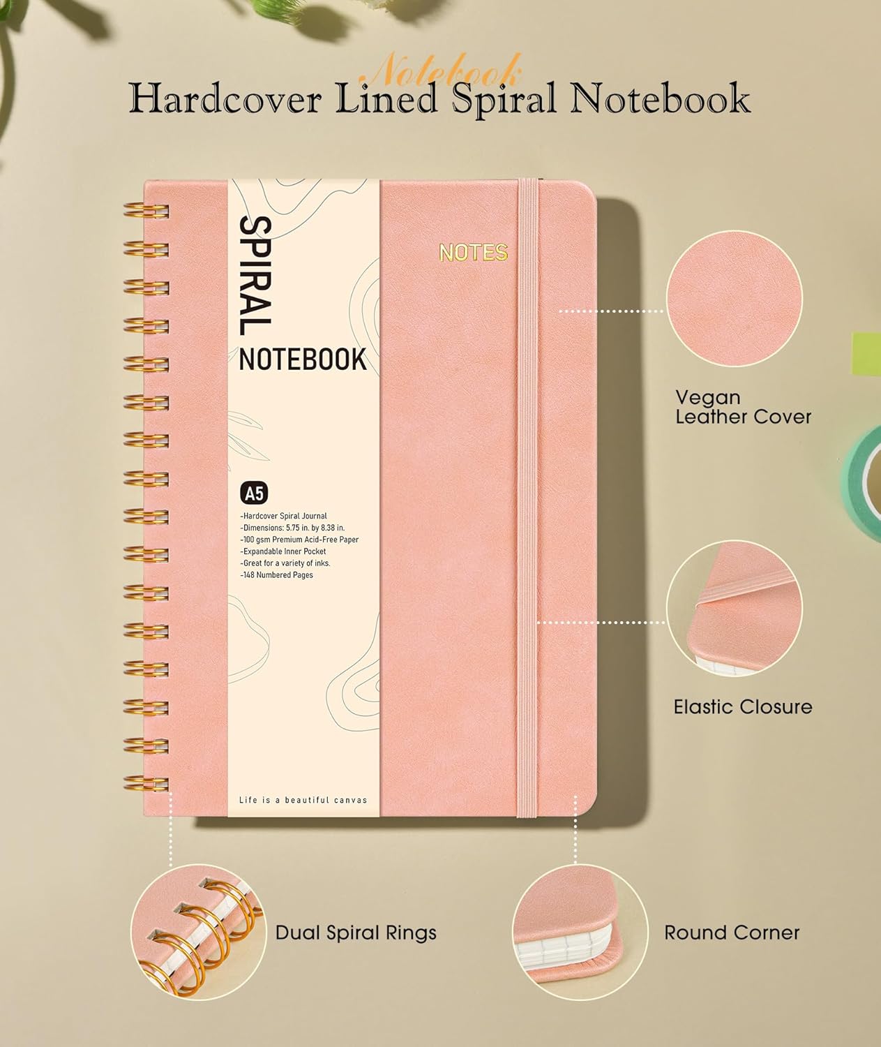 Graph Spiral Journal Notebook, A5 Hardcover Spiral Journals for Women Men, 100 GSM Graph Paper Notebooks, 150 Pages Spiral Bound Grid Notebook for Writing Note Taking Work 5.75" x 8.38" Olive Green