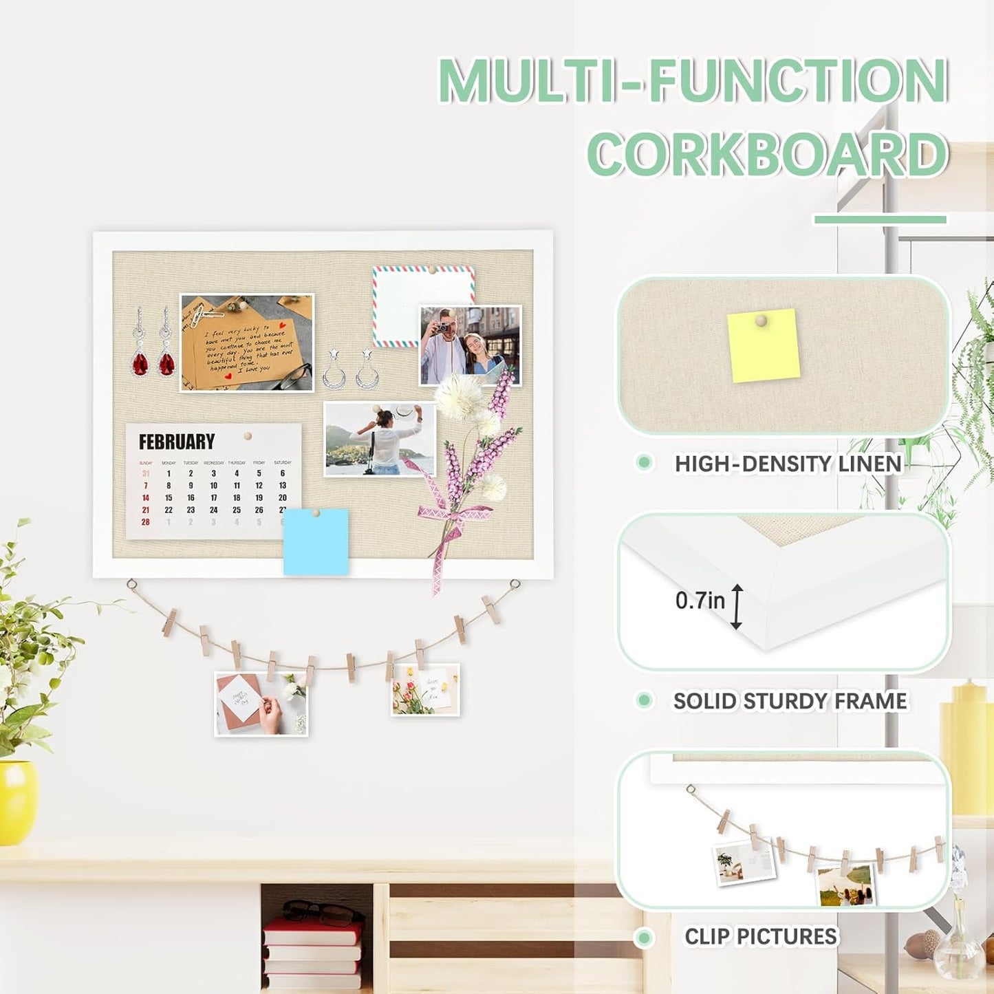 DOLLAR BOSS Bulletin Boards with Linen 1-Pack 16''X 12'' Double-Sided Cork Board for Walls Wood Framed Bulletin Boards, Small Pin Board for Home Kitchen Office Decorative Hanging 10 Pushpins