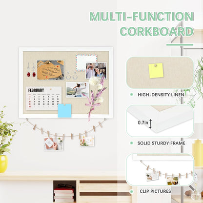 DOLLAR BOSS Bulletin Boards with Linen 1-Pack 16''X 12'' Double-Sided Cork Board for Walls Wood Framed Bulletin Boards, Small Pin Board for Home Kitchen Office Decorative Hanging 10 Pushpins