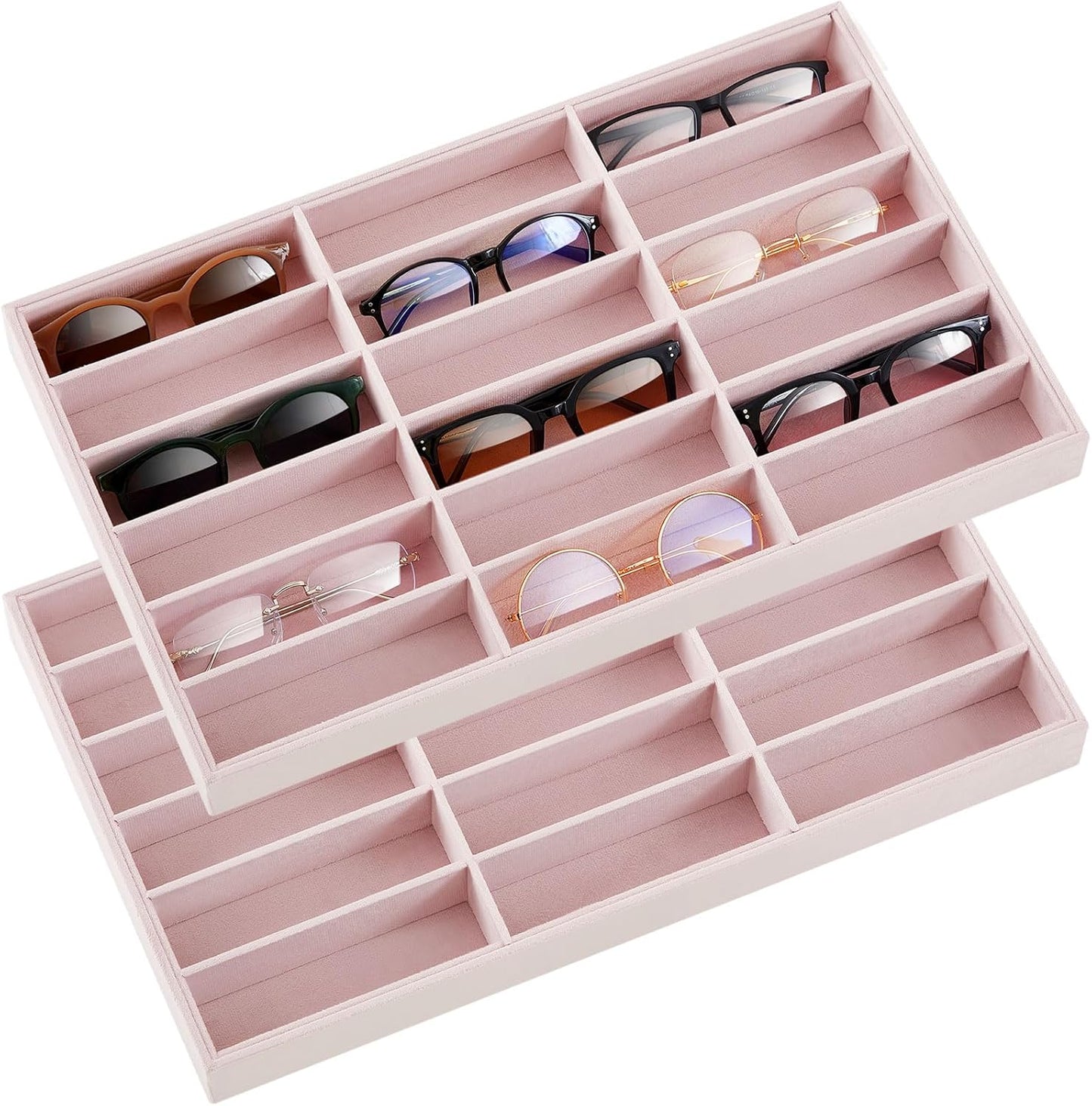 Amylove 2 Pcs Sunglass Organizer Trays Glasses Stackable Jewelry Trays Sunglass Organizer Display Box(8 Grids,Beige)