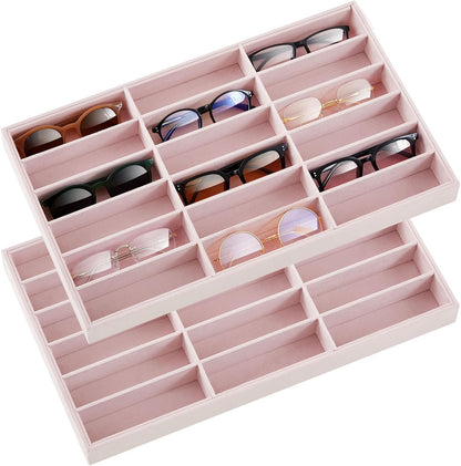 Amylove 2 Pcs Sunglass Organizer Trays Glasses Stackable Jewelry Trays Sunglass Organizer Display Box(8 Grids,Beige)
