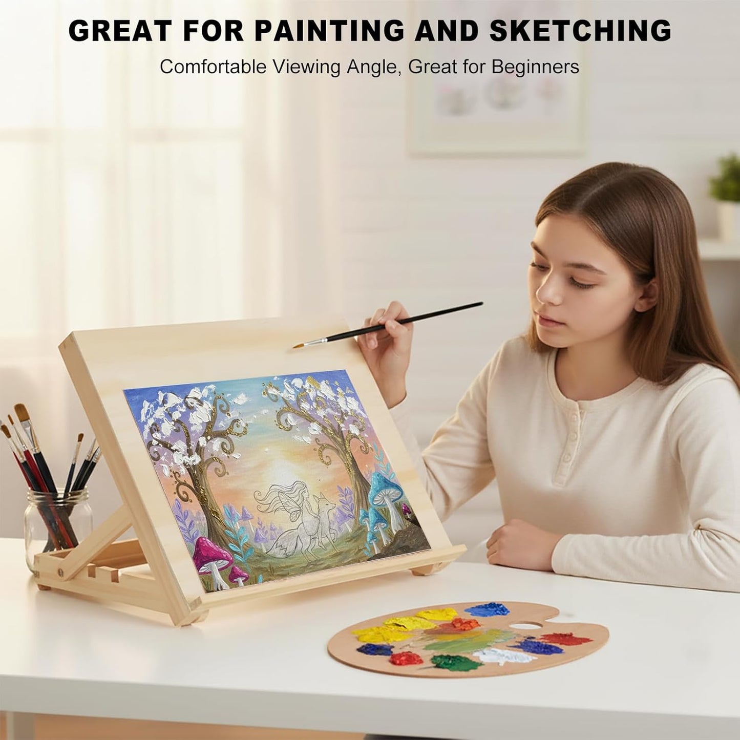 Tabletop Easel for Painting, 13.8"x11.4" Adjustable Portable Art Easel Includes Art Painting Papers, Sketch Papers and Masking Tape, Pinewood Drawing Board for Canvas, Books and Artwork