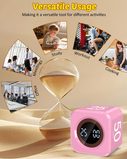 Digital Pomodoro Timer Cube 5/10/25/50min, Visual Productivity Flip Timer for Kids Classroom Desk, Custom Countdown, Silent and Sound Mode for ADHD Study Work Game Kitchen (Pink)