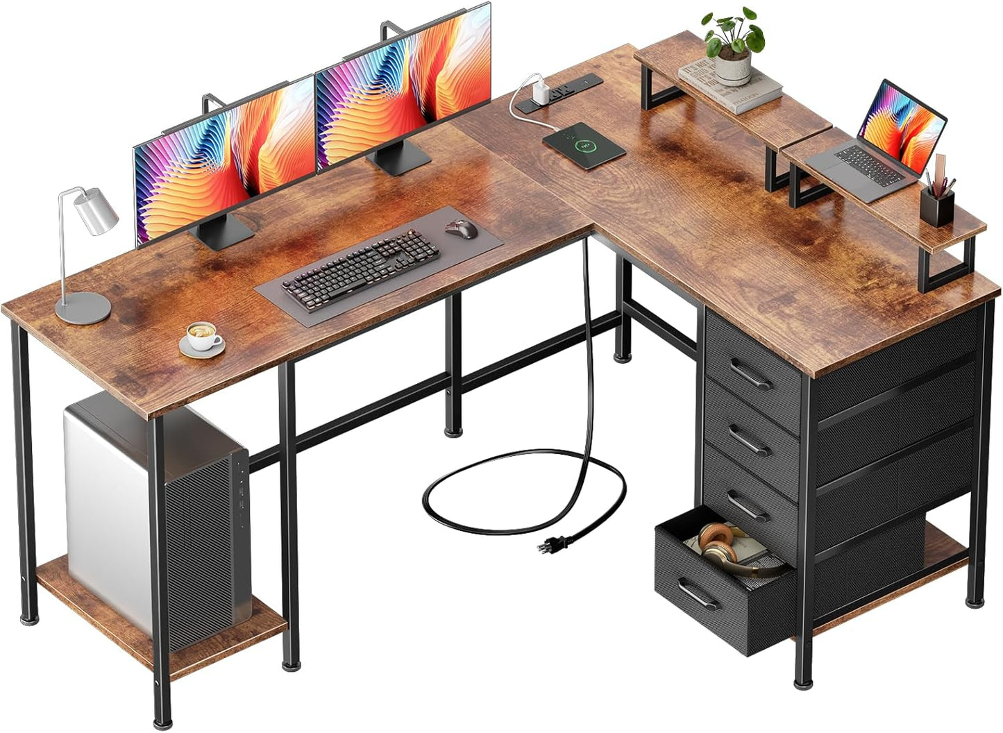 Korfile 59 inch L Shaped Computer Desk with Power Outlets, Home Office Desk with 4 Adjustable Storage Drawers & 2 Monitor Stands, Two Person Gaming Table for Bedroom, Black