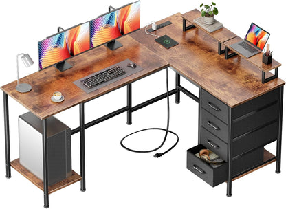 Korfile 59 inch L Shaped Computer Desk with Power Outlets, Home Office Desk with 4 Adjustable Storage Drawers & 2 Monitor Stands, Two Person Gaming Table for Bedroom, Black