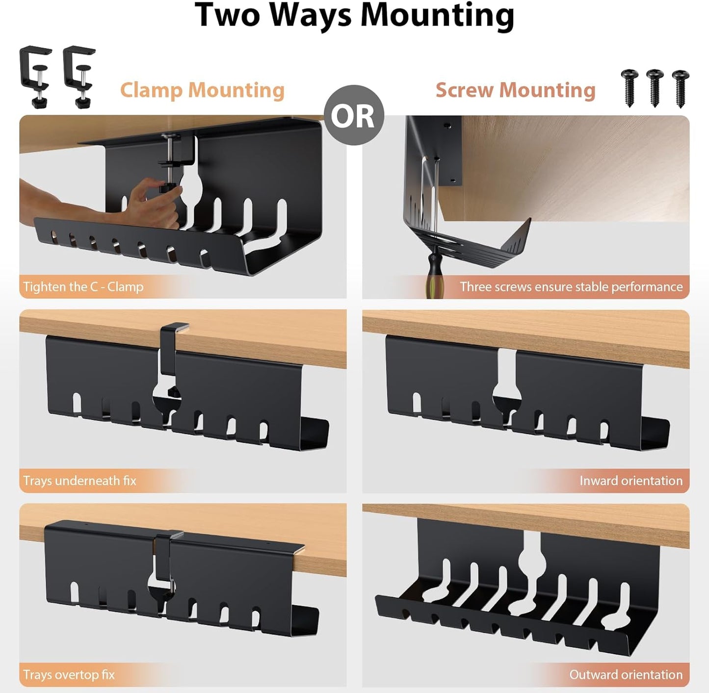 Syeeiex 17" Under Desk Cable Management Tray, No-Drill C-Clamp & Screw Mount, Heavy Duty Metal Cord Organizer with Cable Ties, for Office Home Workspace, Black