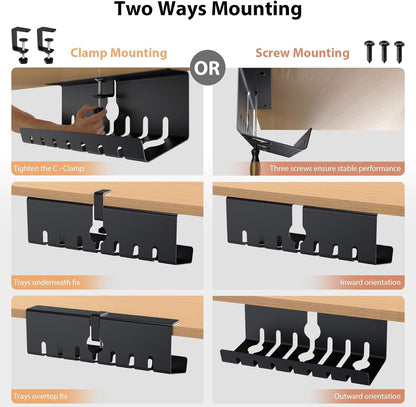 Syeeiex 17" Under Desk Cable Management Tray, No-Drill C-Clamp & Screw Mount, Heavy Duty Metal Cord Organizer with Cable Ties, for Office Home Workspace, Black