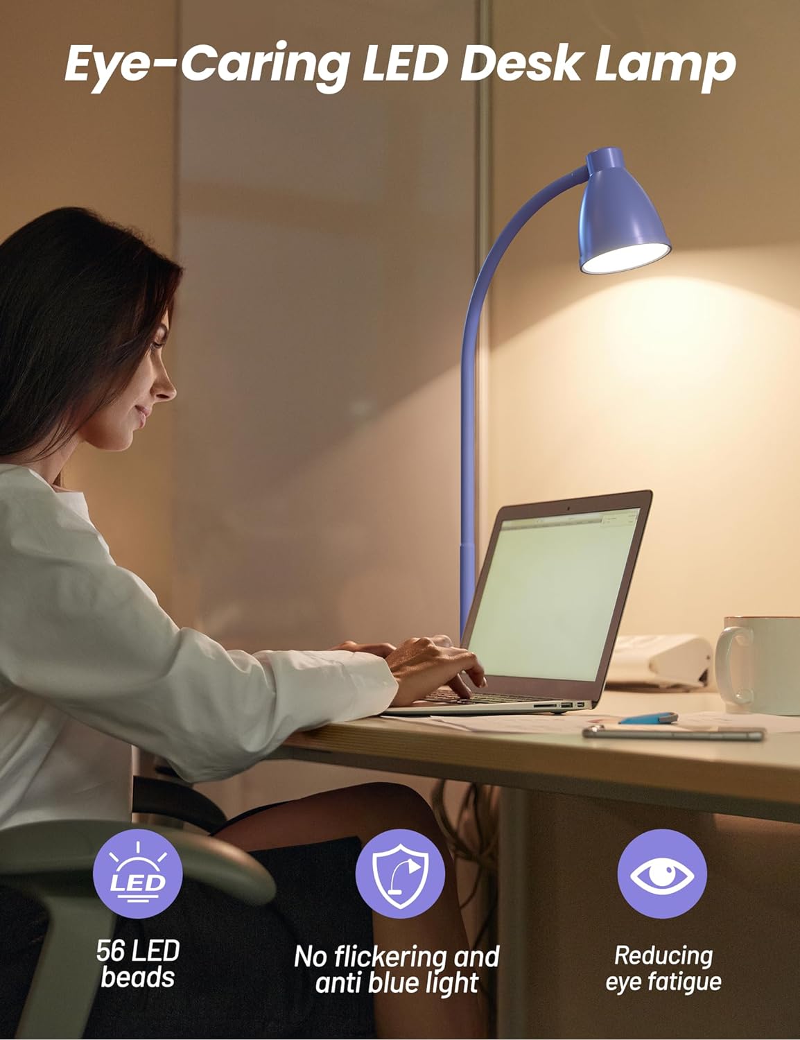 BOHON LED Desk Lamp with USB Charging Port, 3 Color Modes Dimmable Reading Lamp, Auto Dimming Task Lamp, Flexible Neck Table Light for Dorm Bedside, Adapter Include, White